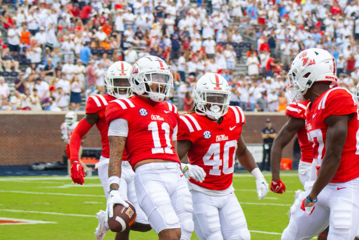 Jordan Watkins (11) hauled in six receptions for 111 yards in Ole Miss' dominating win over Mercer in Week 1.